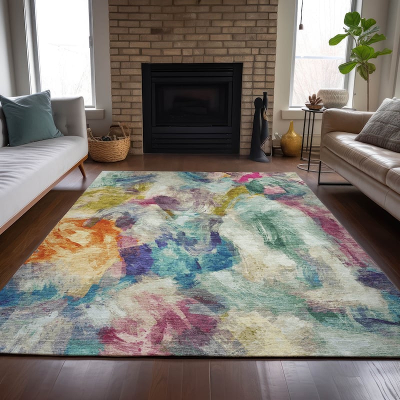 Machine Washable Indoor/Outdoor Modern Brushstrokes Chantille Rug