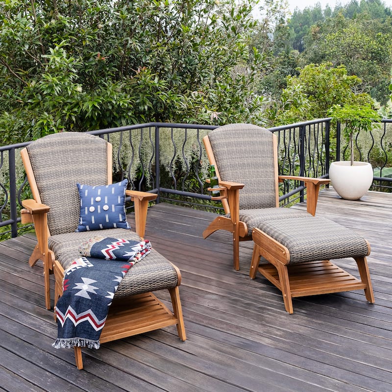 Cambridge Casual Camden Set of 4 Teak Outdoor Adirondack Chairs with Padded Seat - Natural Teak/Koboo Gray Wicker