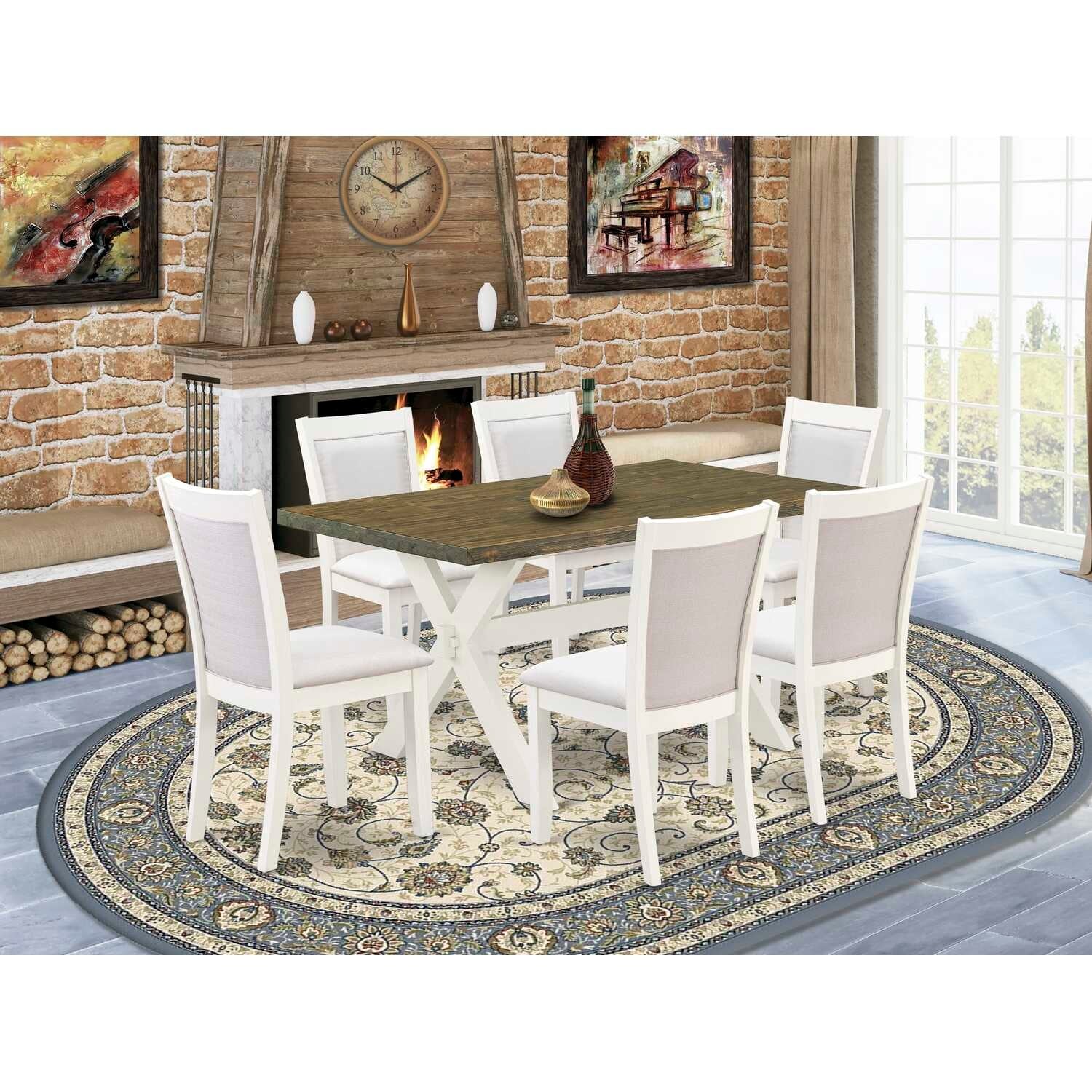 HomeStock 7-Piece Wire Brushed Linen White Finish Solid Wood Top Dining Table with 6-Chairs