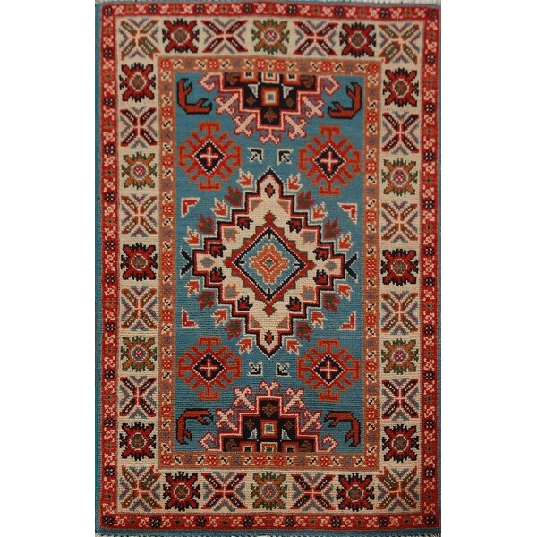 Blue Kazak Oriental Foyer Rug Hand-Knotted Wool Carpet - 2'0