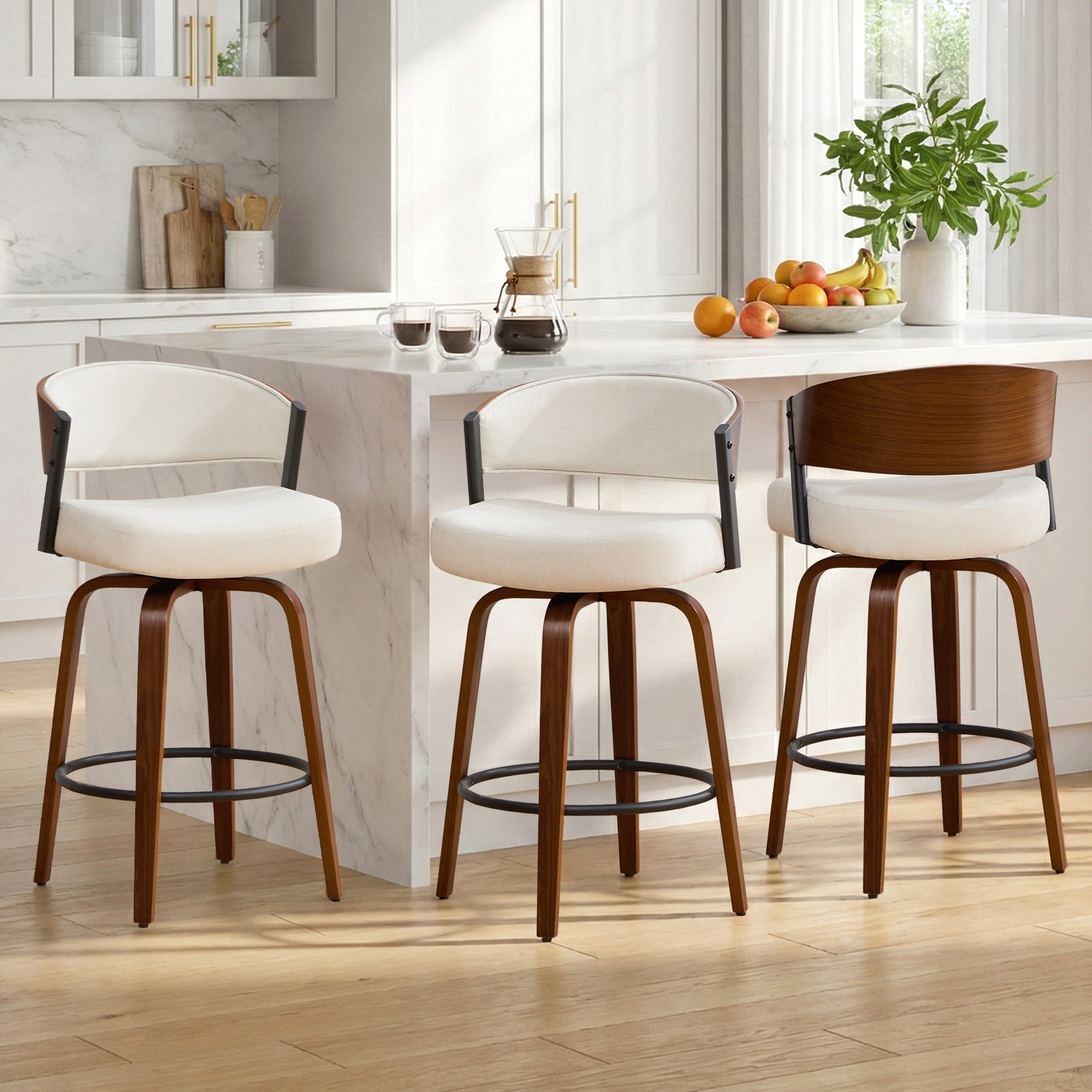 Upholstered Swivel Counter Height Bar Stool with Curved Cutout Back and Bentwood Frame - 37.2"H x 19.1"W x 20.5"D