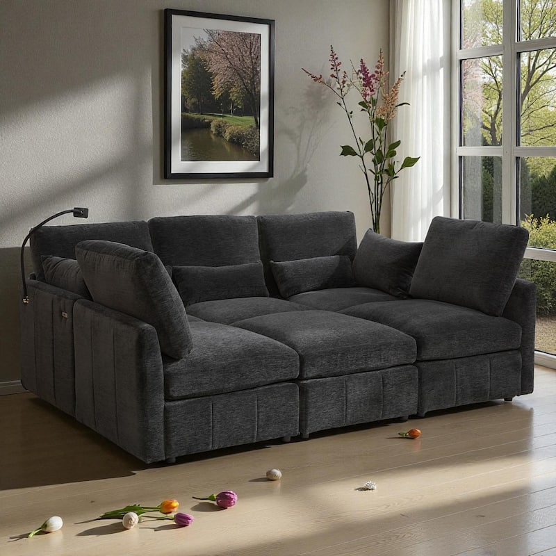 85.4" Modular Sectional Sofa with Movable Ottoman, USB Ports and Phone Holder, Chenille U-Shape Couch for Living Room