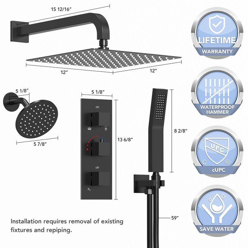 Thermostatic Shower System 12" Dual Heads Shower Faucet with High Pressure Handheld Spray