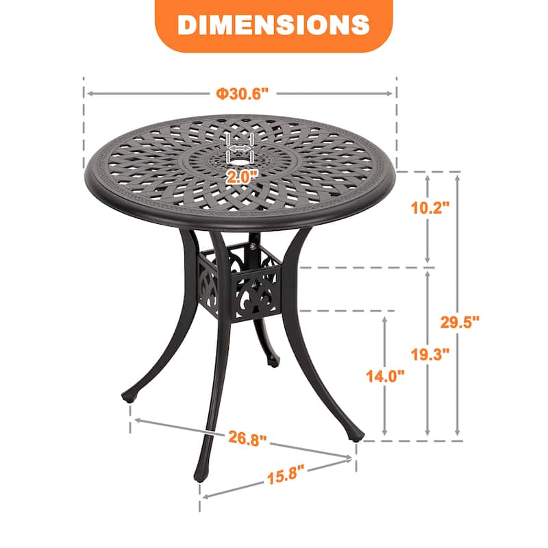 Outdoor 31'' Round Cast Aluminum Bistro Table with 1.97'' Umbrella Hole
