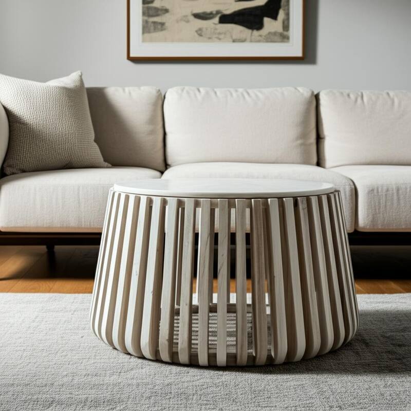 HomeRoots 34" White and Natural Genuine Marble and Wood Round Drum Coffee Table - 34.00 in. x 18.10 in. x 34.00 in. - White