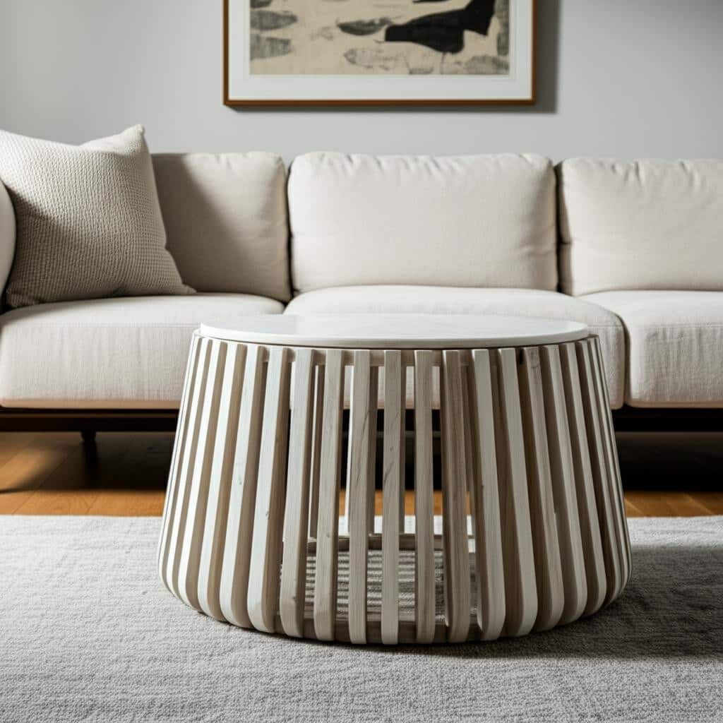 HomeRoots 34" White and Natural Genuine Marble and Wood Round Drum Coffee Table - 34.00 in. x 18.10 in. x 34.00 in.