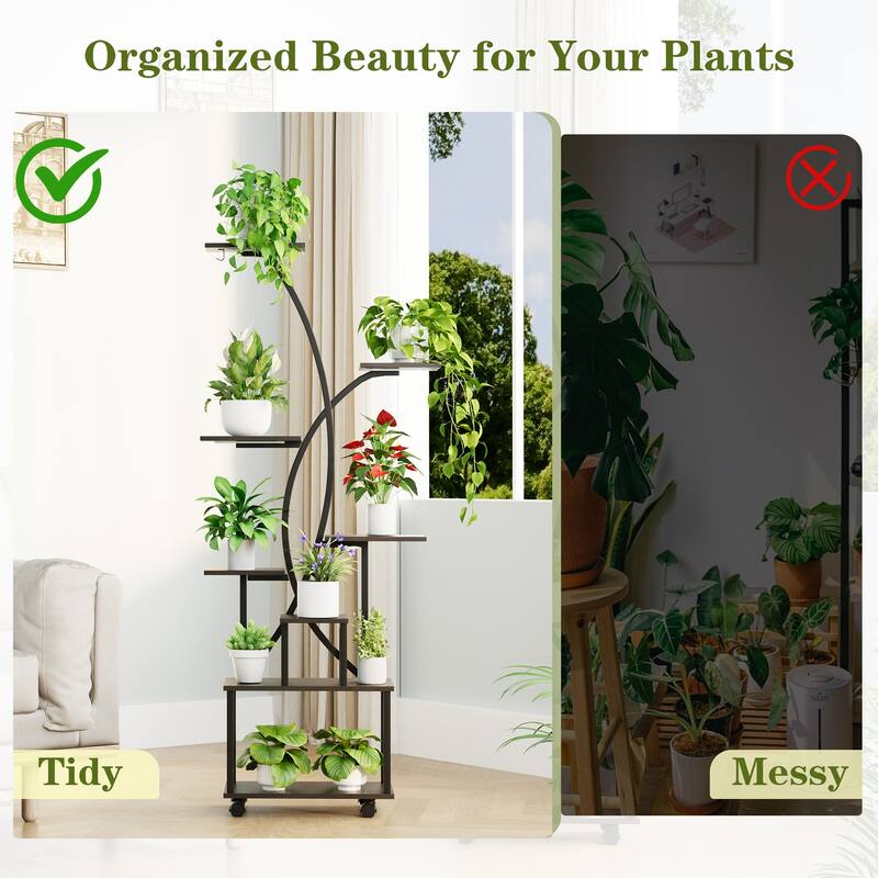 EROMMY Tall Rolling Plant Stand with Grow Lights, 8-Tier Indoor Corner Metal Plant Shelf with Wheels for Small Spaces