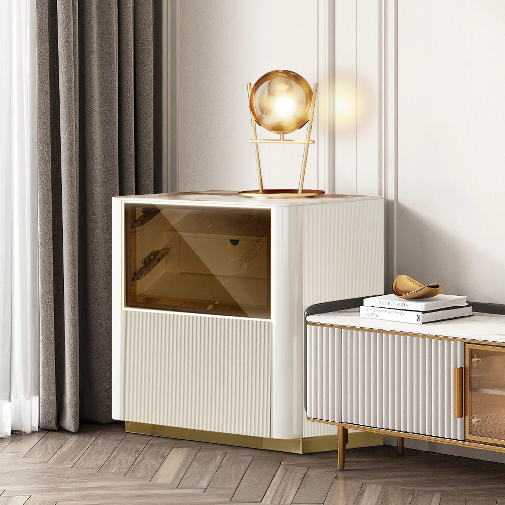 Williams Sonoma　　いちご型 JASIWAY Light luxury Style Side Cabinet, Cream White - Bed