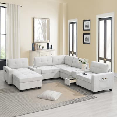 Chenille U Shaped Couch Set w/2 Consoles,USB, Storage Drawers, Pockets