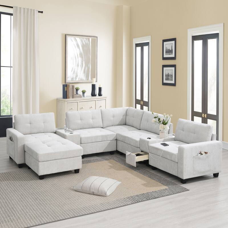 L-shape Chenille Sectional Sofa with 2 Acrylic Consoles Table Top, USB Charger, 2 Drawers, Pockets and Ottoman for Living Room - Light Gray