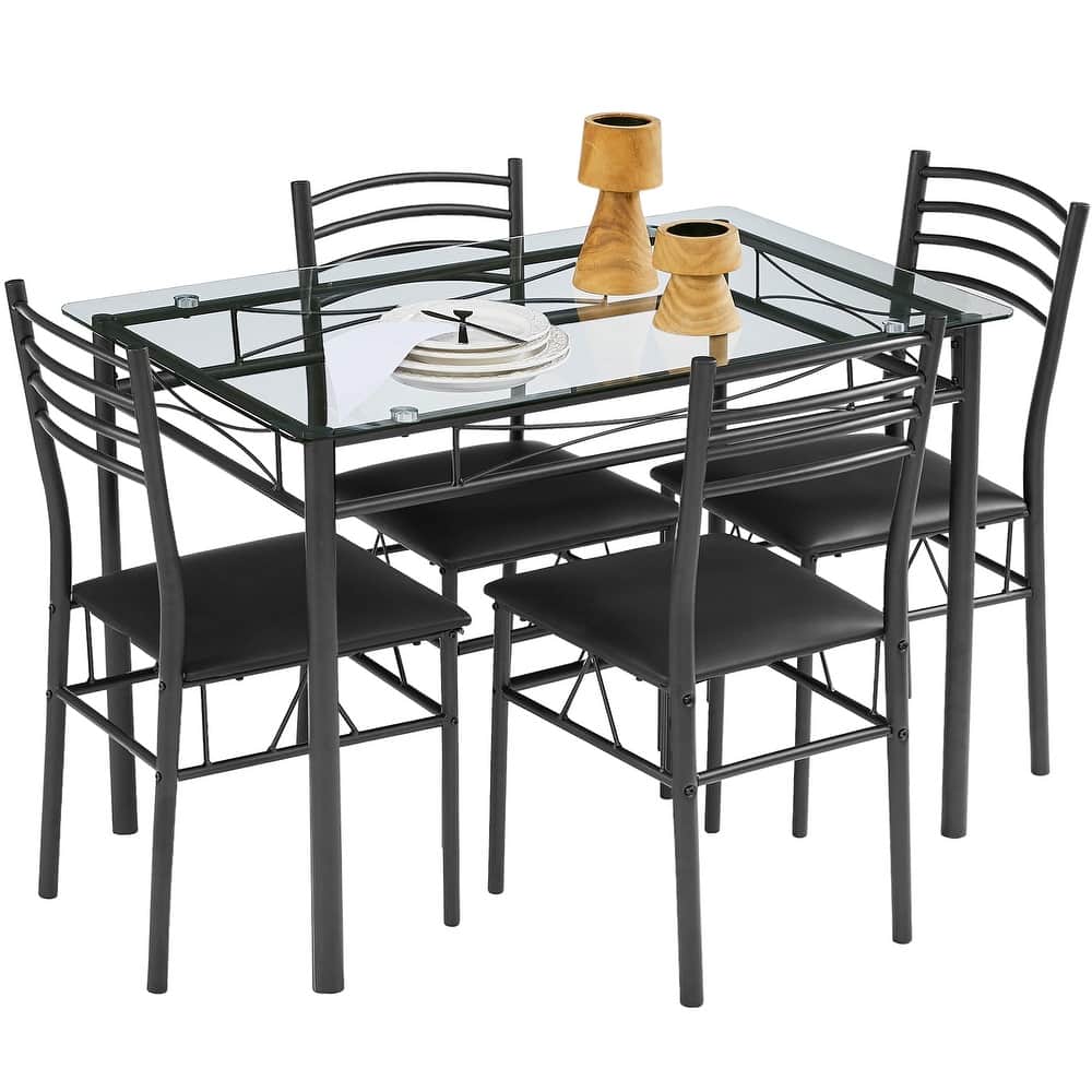 VECELO Modern 3/5-piece Dining Set Tempered Glass Top and Wood Top, Steel Dining Table and Chair Set of 2/4