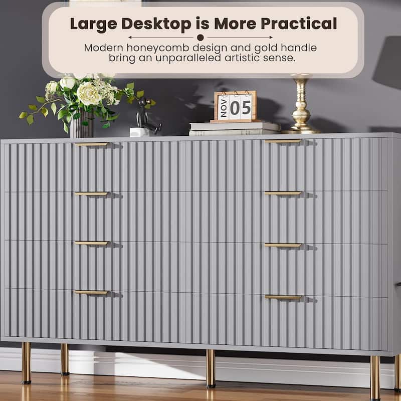8 Drawer TV Stand Dresser, White Modern Storage Cabinet with Wide Top and Deep Drawers for Living Room, Bedroom, Hallway
