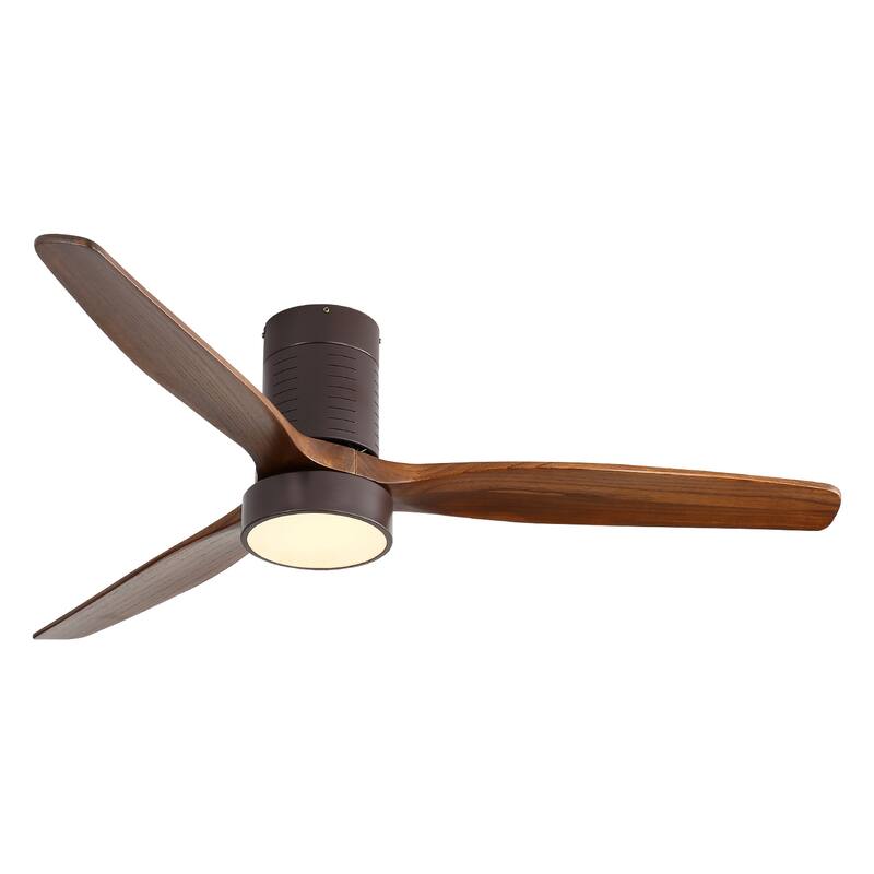 52 Inch Flush Mount Ceiling Fan with LED Light and Remote Control, 3 Solid Wood Blades Fan