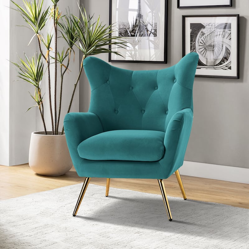 Eusebio Tufted Velvet Accent Chair with Wingback, Arms, and Metal Gold Legs for Living Room or Bedroom by HULALA HOME