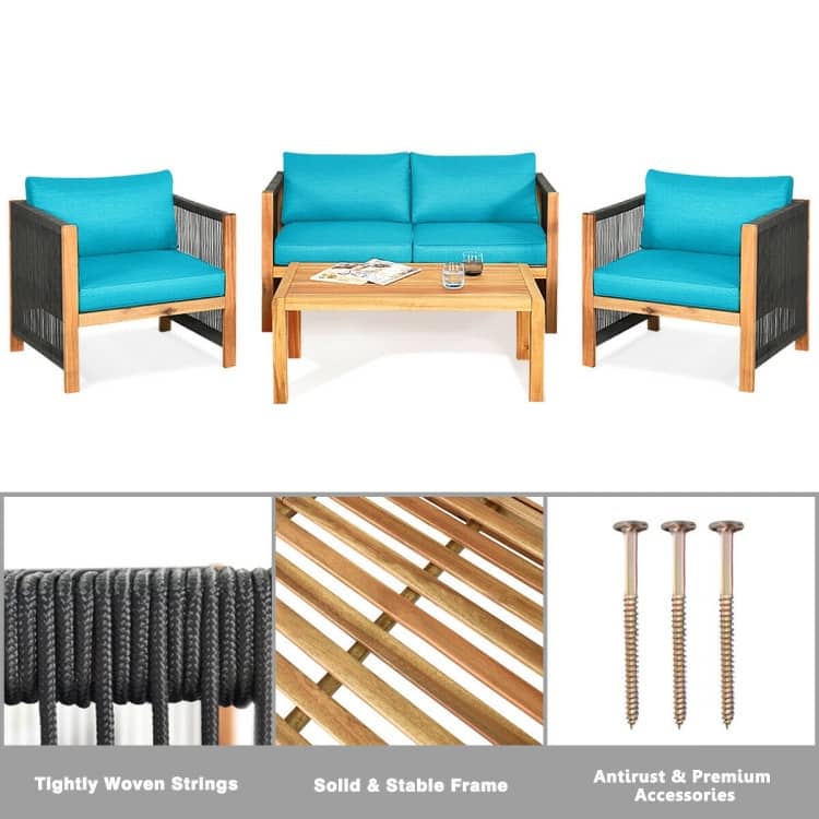 4 Pcs Acacia Wood Outdoor Patio Furniture Set with Cushions - 52" x 26" x 25" (L x W x H)