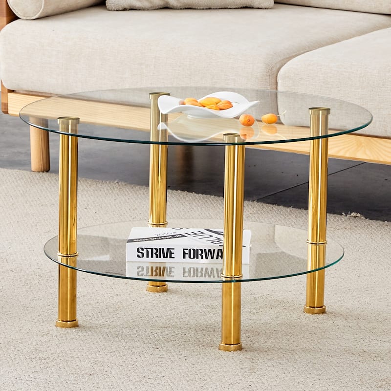 Roomfitters Double Layer Glass Coffee Table with Gold Legs, 27.5" Top and 23.6" Bottom, Modern Minimalist Design - Gold