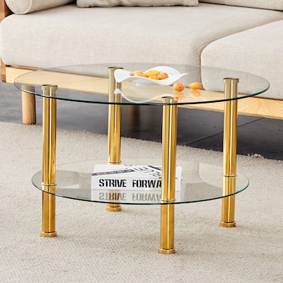 Roomfitters Double Layer Glass Coffee Table with Gold Legs, 27.5" Top and 23.6" Bottom, Modern Minimalist Design