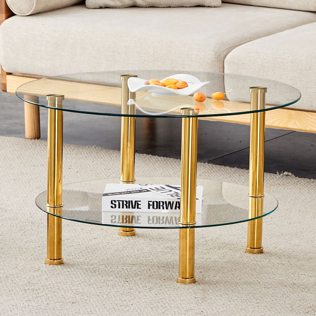 Roomfitters Double Layer Glass Coffee Table with Gold Legs, 27.5" Top and 23.6" Bottom, Modern Minimalist Design