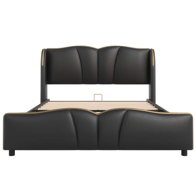 Christopher Knight Home - Emerson Modern Leather Upholstered Bed Frame with Wingback Headboard and Wavy Footboard