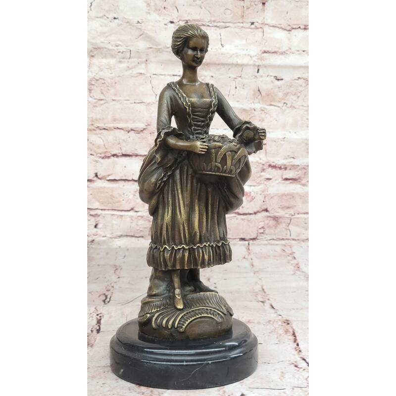 Bronze Country Maiden Statue – Charming Woman With Basket Sculpture For Rustic Decor
