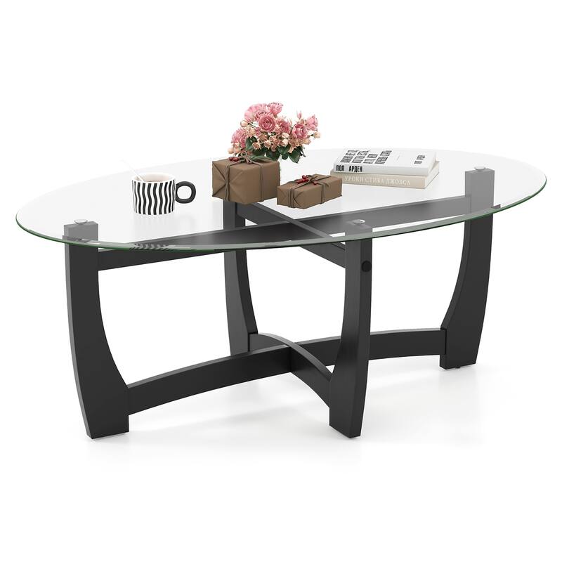 Gymax Coffee Table Modern Accent Tea Table w/ Rubber Wood Bentwood - Black - Glass