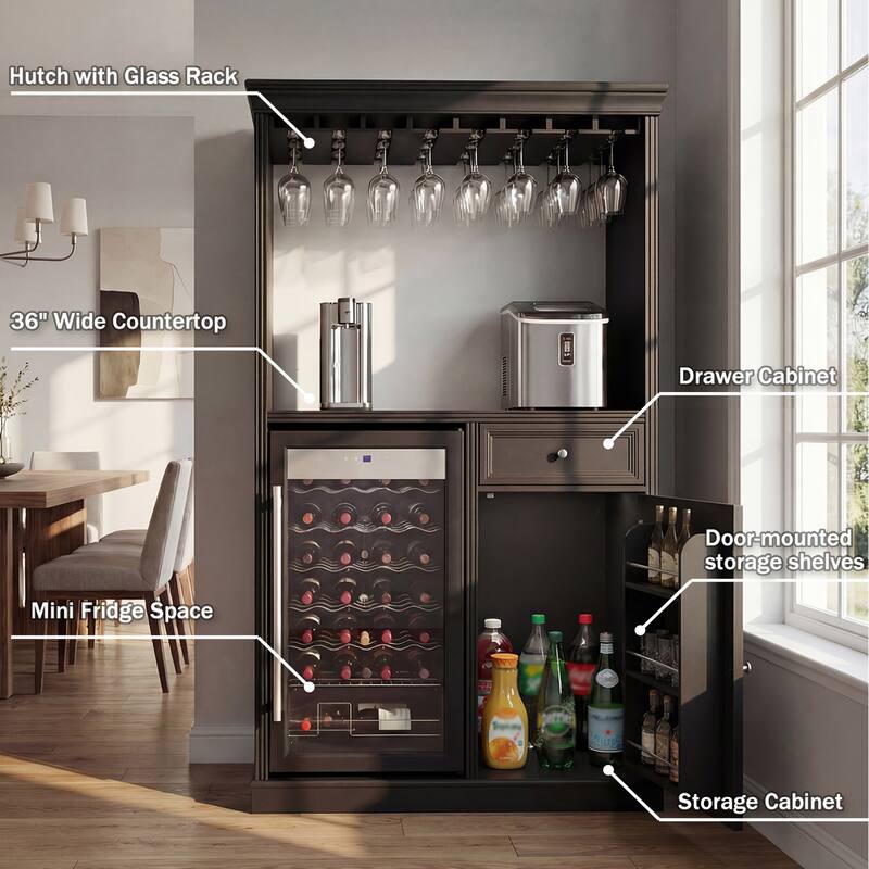 Wine Bar Cabinet with Mini Fridge Space & 34 Bottle Wine Cooler, 39" Coffee Bar Cabinet Freestanding Buffet Sideboard