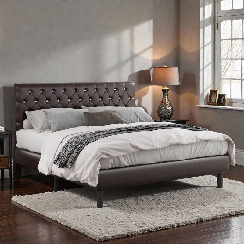 Brown Platform Bed Frame with Diamond Tufted Adjustable Headboard, No Noise, 800 lbs Capacity - Brown - Full
