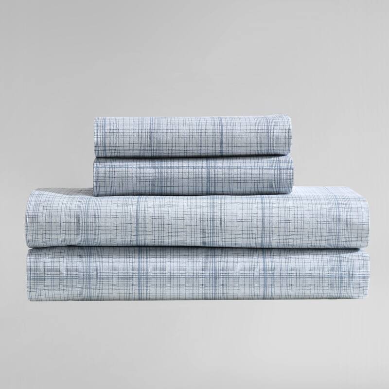 Calvin Klein Washed Cotton Percale Sheet Set - Multi Grid Blue - Queen
