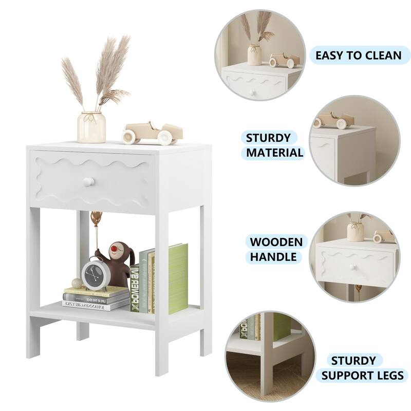 Nightstand with Drawer and Open Shelf, Modern Wave Pattern Bedside Table, Solid Wood Frame End Table for Bedroom, Living Room