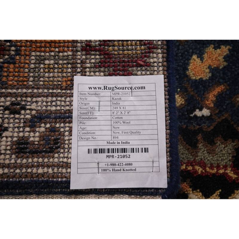 Blue Geometric Kazak Indian Runner Rug Handmade Oriental Wool Carpet - 2'8"x 8'2"