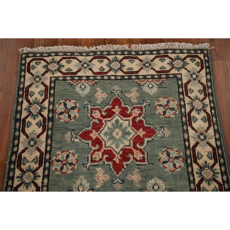 Green Geometric Kazak Oriental Runner Rug Handmade Wool Carpet - 2'2" x 5'11"