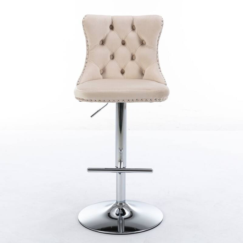 Bar stools with Backs Luxurious Velvet Swivel - Adjustable Height, Set of 2 - Silver + Beige