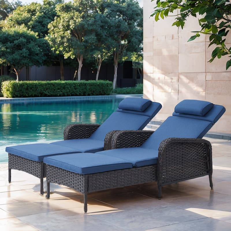 Patio Chaise Lounge Chairs Set of 2 for Outside - Brown-Blue