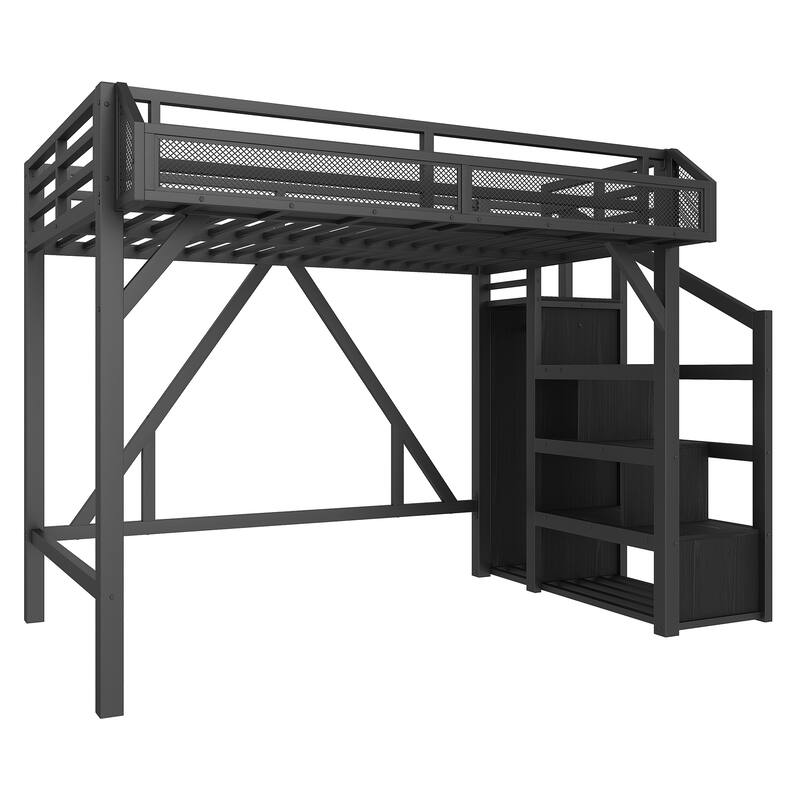 Roomfitters Metal Loft Bed with Wardrobe and Storage Stairs, LED Lights and USB