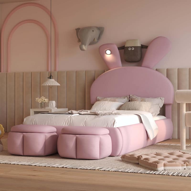 Upholstered Platform Bed with Cartoon Ears Shaped Headboard and Light