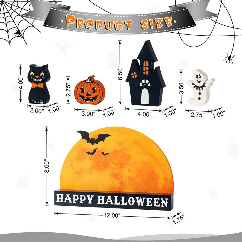 Glitzhome Set of 5 Wooden HAPPY HALLOWEEN Decorative Moon Table Signs with Black Cat, Jack O Lantern, Ghost and Haunted House