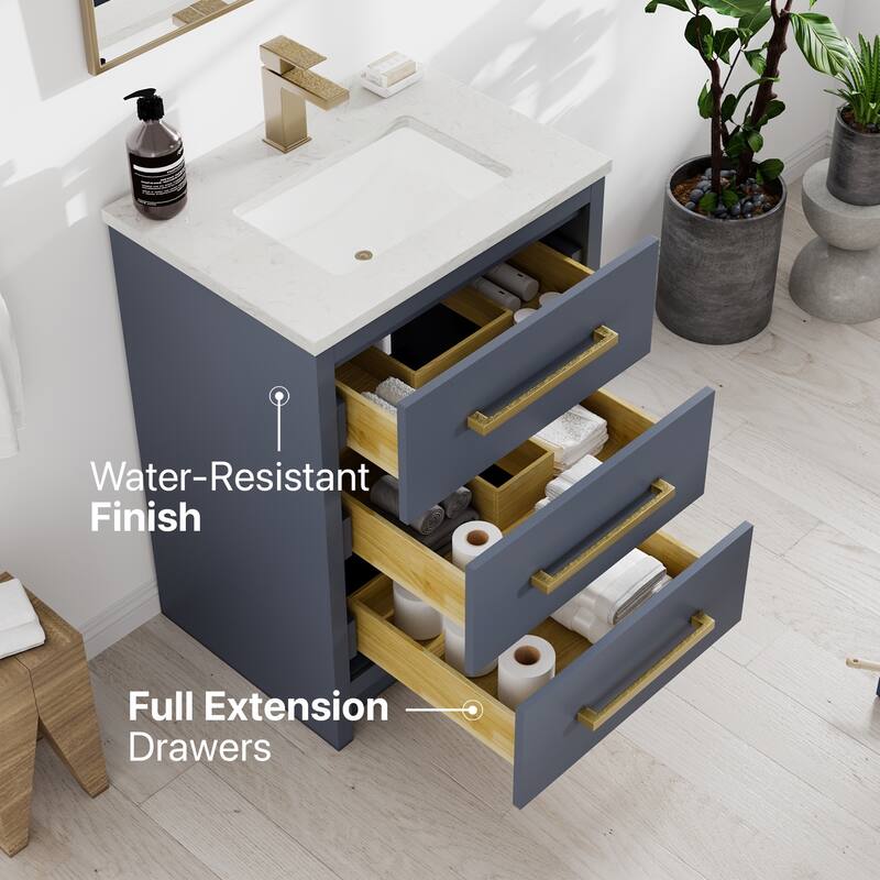 Eviva Curio Bath Vanity with WH Carrara Quartz Top and Undermount Sink