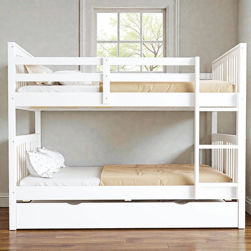 Full over Full Bunk Bed with Twin Trundle, Solid Wood Frame, Safety Guardrails & Ladder, Convertible into Two Beds - White - Full