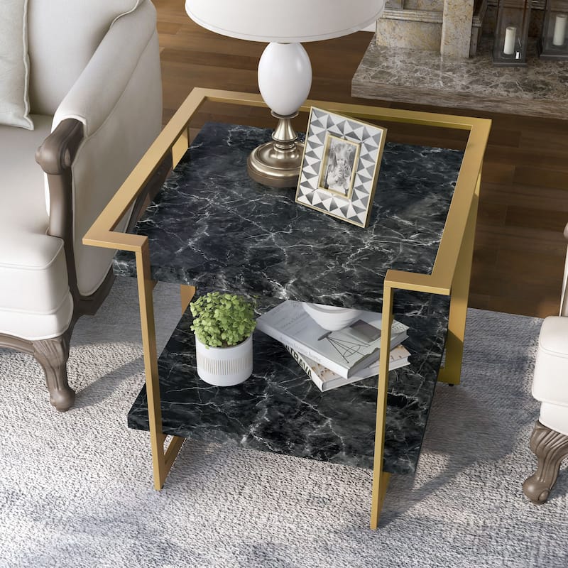 Lovell Glam Gold and Black 27-inch Faux Marble 1-Shelf Side Table by Furniture of America