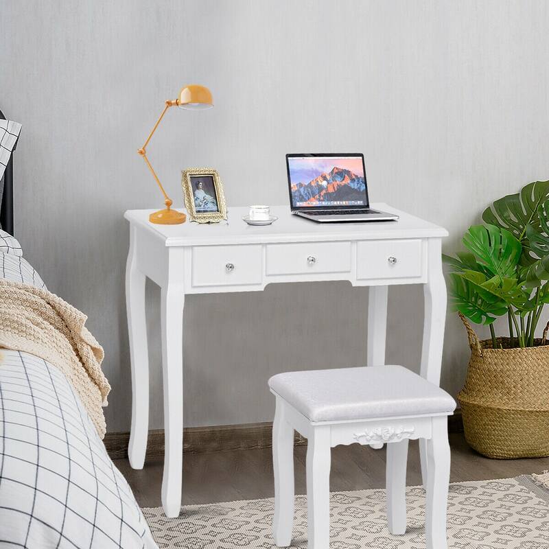 Gymax Bedroom Wooden Mirrored Makeup Vanity Set Stool Table Set White