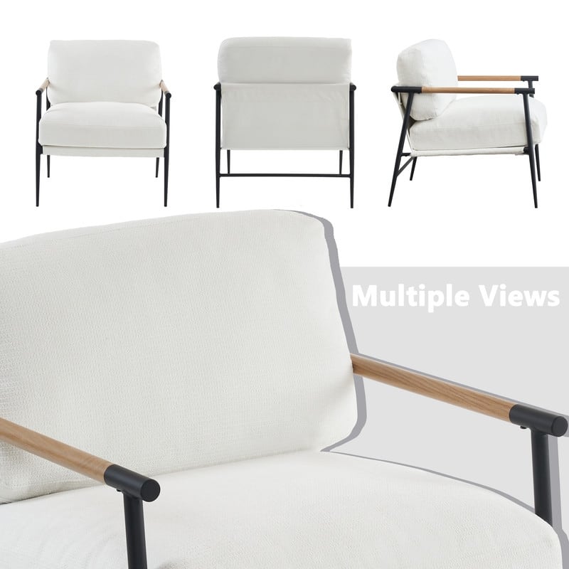 White Accent Chair Armchair Chenille for Living Room Mid Century Modern Accent Chair Metal Leg,Comfy Cushion Veneer Armrest