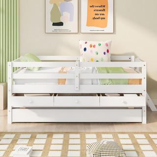 Twin Size Low Loft Bed with Fence, Ladder, Storage Drawers and Trundle