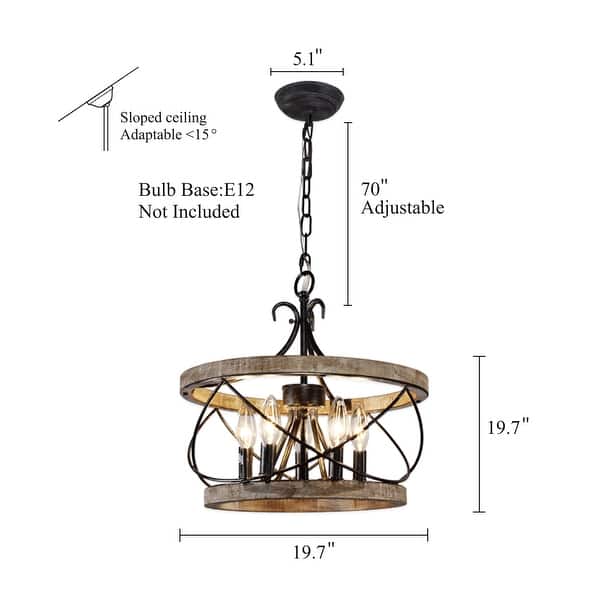 dimension image slide 3 of 4, Cusp Barn 5-Light Farmhouse Wood Chandelier Adjustable Handmade Rustic Drum Ceiling Light Fixture Hanging Lamp for Foyer Kitchen