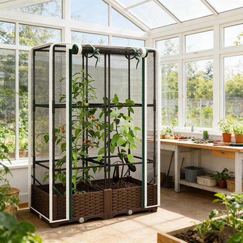 Self-Watering Adjustable Raised Garden Bed with Trellis and Crop Cage