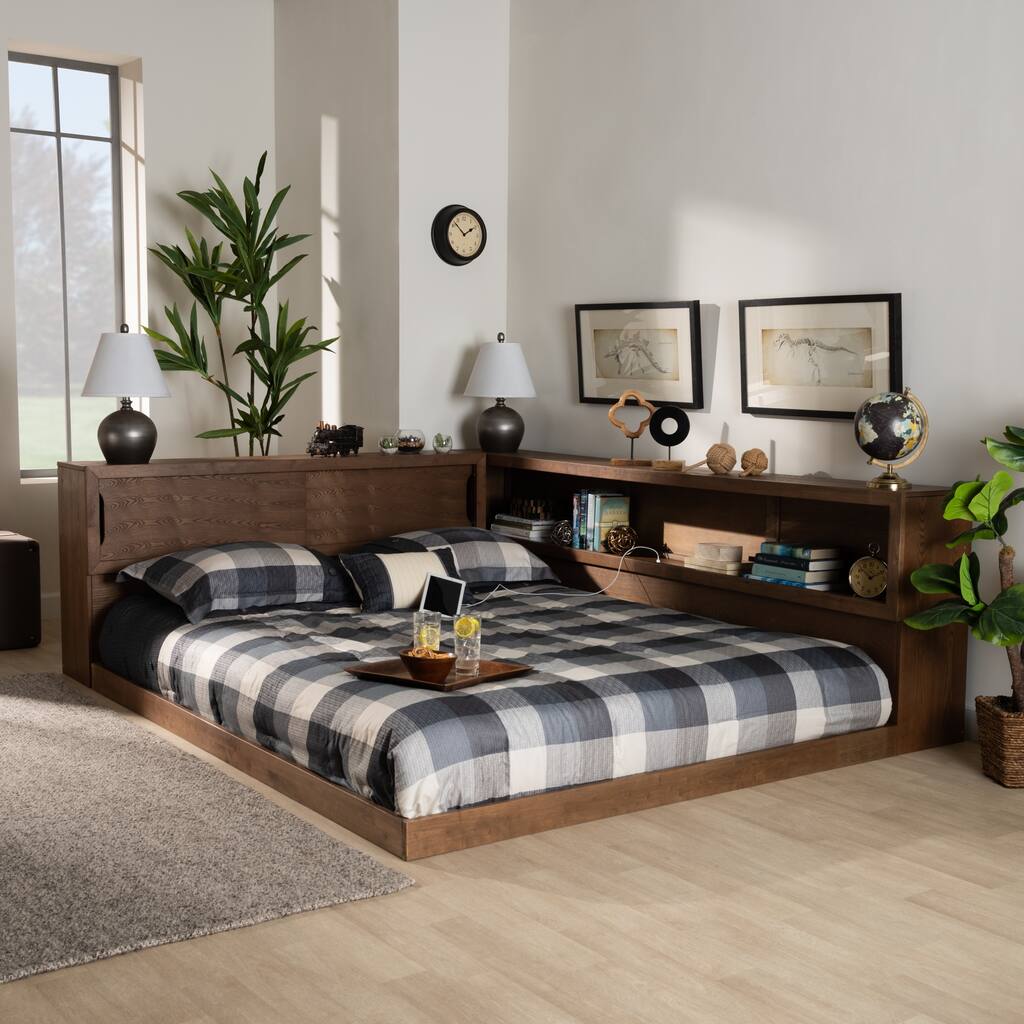 Erie Modern Rustic and Transitional Walnut Brown Finished Wood Queen Size Platform Storage Bed with Built-In Outlet