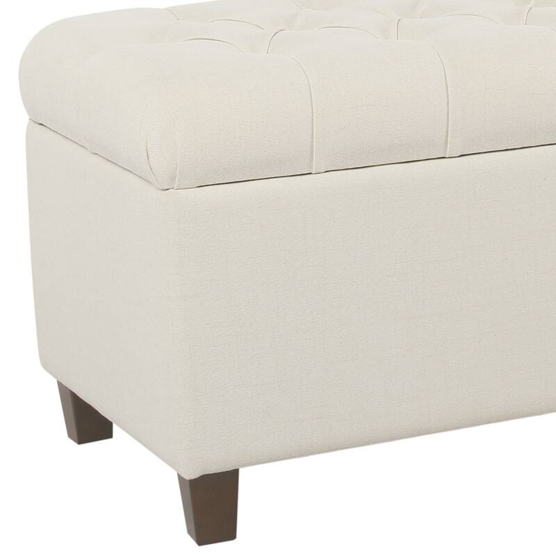 Fabric Upholstered Button Tufted Wooden Bench With Hinged Storage, White and Brown - 18 H x 40 W x 18 L Inches