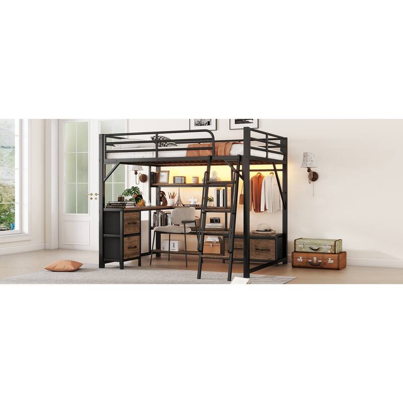 Roomfitters Full/Queen Loft Platform Bed, LED Charging Desk and Wardrobe Shelves with Metal Frame for Bedroom or Guest Room