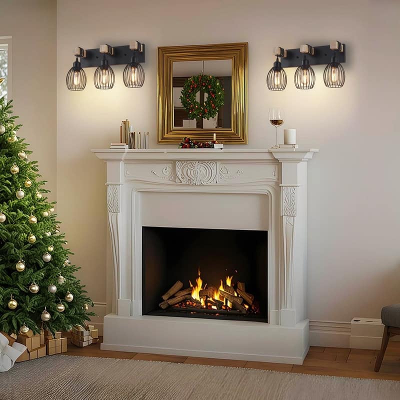 3 Light bulb light black wall sconce metal, wood wall light