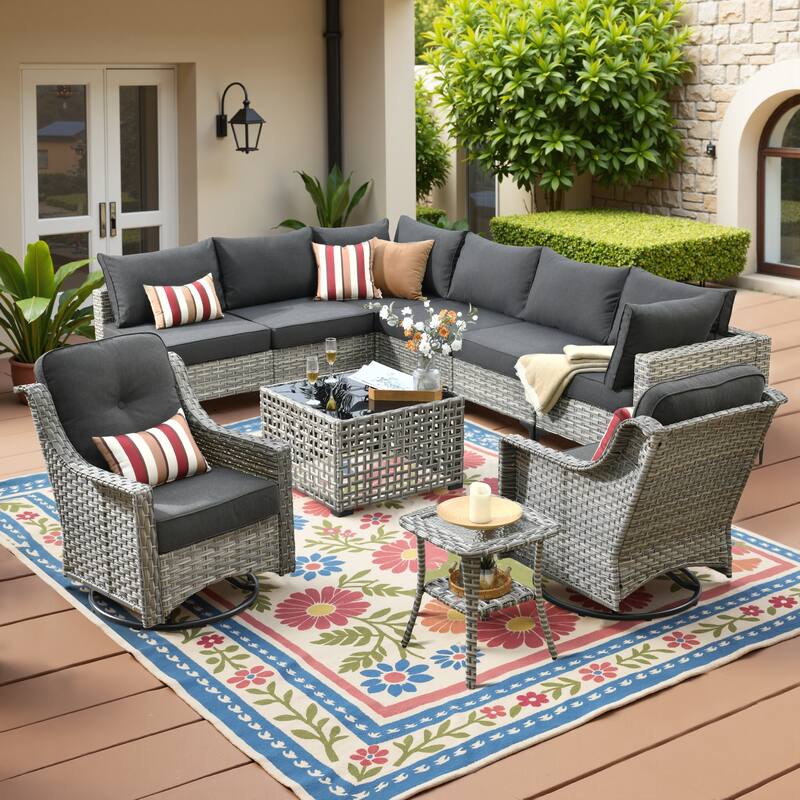 HOOOWOOO 10-piece Wicker Patio Furniture Set Sectional Sofa with Swivel Chair - Black