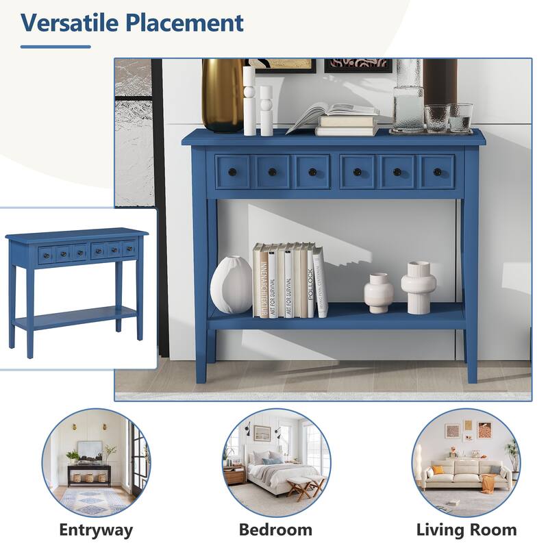 38.2" Rustic Console Table with Open Shelf and Three Drawers, Rubber Wood Legs
